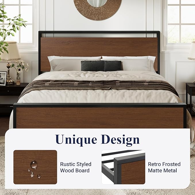 Allewie Full Size Platform Bed Frame with Wooden Headboard and Footboard, Heavy Duty 12 Metal Slats Support, No Box Spring Needed, Under-Bed Storage, Noise Free, Easy Assembly, Walnut