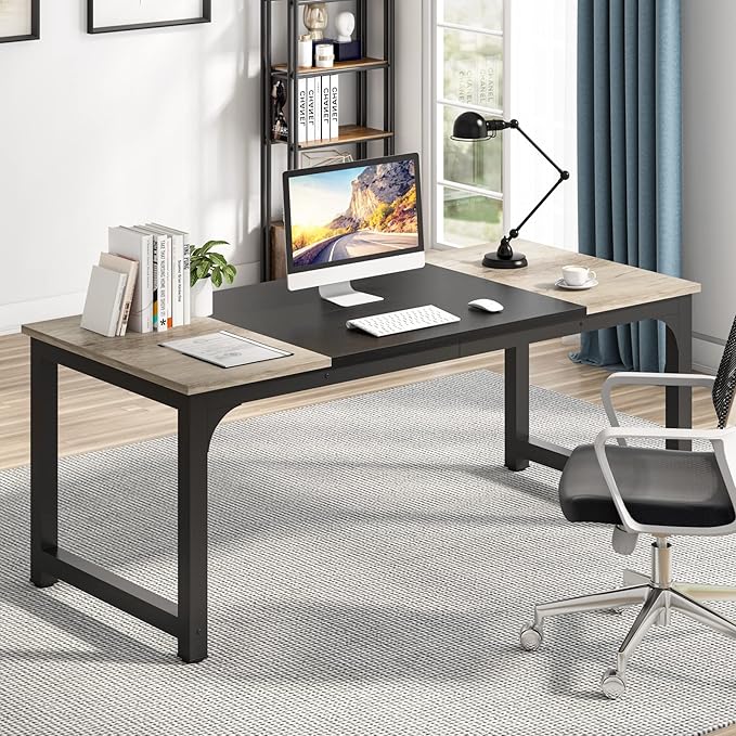 Tribesigns Modern Computer Desk, 70.8 x 31.5 inch Large Office Desk Computer Table Study Writing Desk Workstation for Home Office, Black Metal Frame, Grey Oak