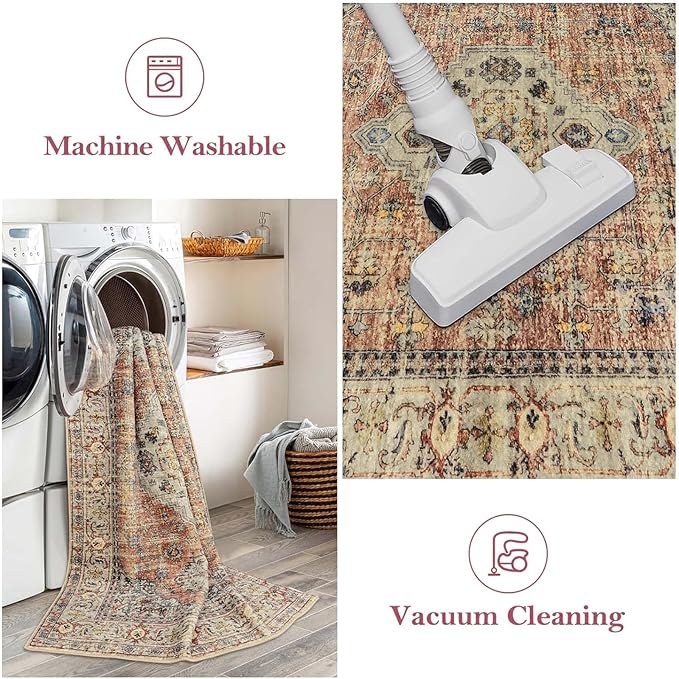 Lahome Oriental Door Mat Indoor Entrance, 2x3 Washable Indoor Rugs for Entryway Soft Small Kitchen Rugs Non Slip Ultra-Thin, Vintage Door Mat Carpet for Bedroom Bathroom, Peach/Orange