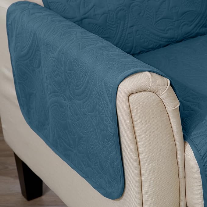 Great Bay Home Medallion Stitched Solid Furniture Protector Stain Resistant Durable Furniture Protector Elenor Collection (Loveseat, Smoke Blue/Ivory)