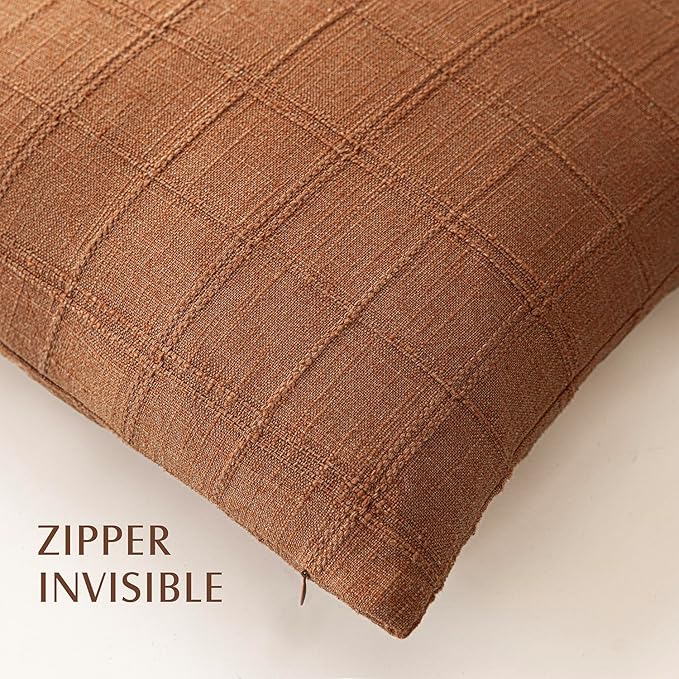 Foindtower Set of 2 Decorative Linen Check Throw Pillow Covers Neutral Farmhouse Vintage Cushion Covers Modern Boho Home Decor for Sofa Chair Couch Bedroom Living Room Outdoor,18×18 Inch,Orange