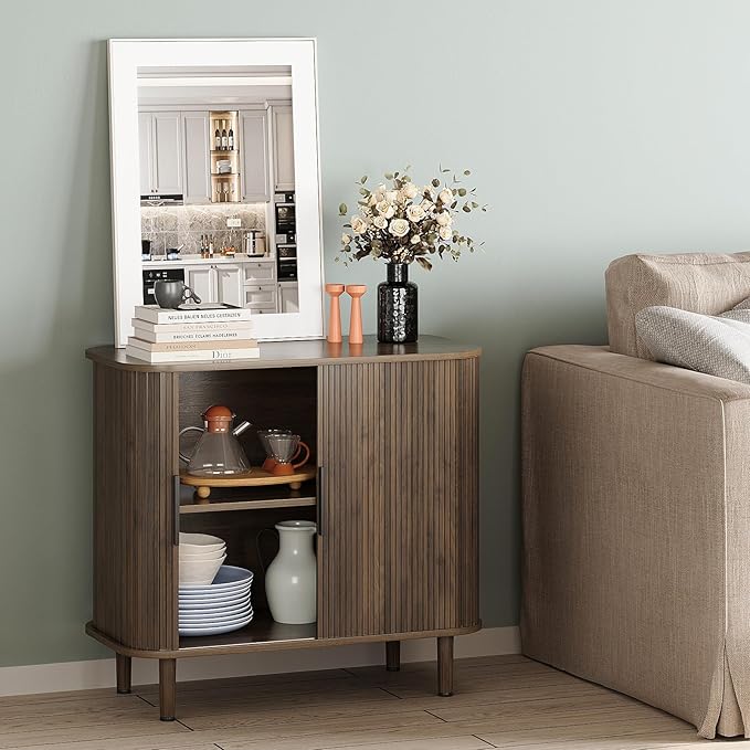 31.5" Sideboard Buffet Cabinet with Storage, Modern Walnut Accent Cabinet with Sliding Doors & Adjustable Feet, Small Credenza for Kitchen, Entryway, Living Room (Walnut, 15.8"D x 31.5"W x 29.5"H)