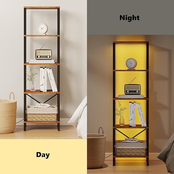 5-Tier Bookshelf, Tall Narrow Bookcase with LED Lights, Book Shelf with Steel Frame, Office Furniture, Display Storage Shelf for Living Room, Bedroom, Study, Balcony, Rustic Brown