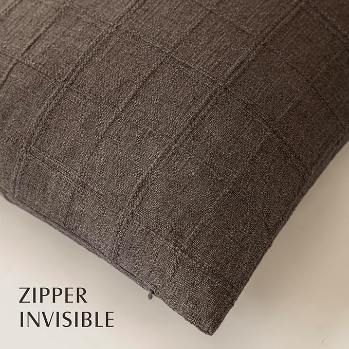 Foindtower Set of 2 Decorative Linen Check Throw Pillow Covers Neutral Farmhouse Vintage Cushion Covers Modern Boho Home Decor for Sofa Chair Couch Bedroom Living Room Outdoor,26×26 Inch,Dark Brown
