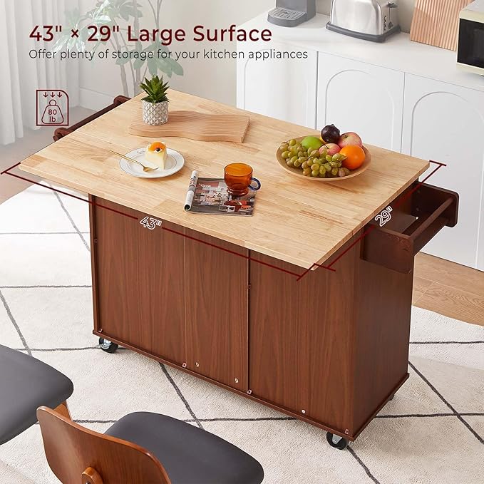 Walnut 54" Rolling Kitchen Island Cart with Storage, Large Kitchen Cart with Folding Drop Leaf Breakfast Bar, Wood Island Table with 3 Drawers and Spice Rack & Towel Rack, Brown