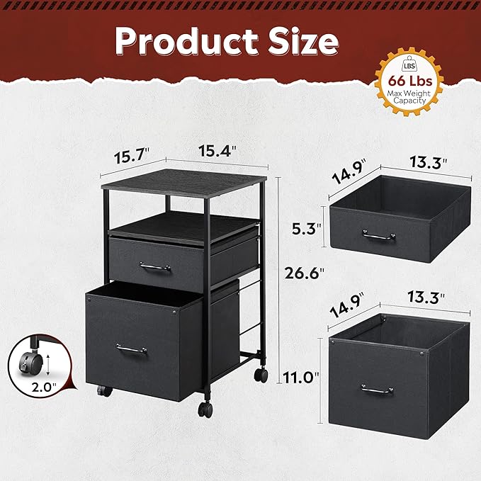 DEVAISE Mobile File Cabinet, Rolling Printer Stand with Open Storage Shelf, Fabric Vertical Filing Cabinet fits A4 or Letter Size for Home Office, Black