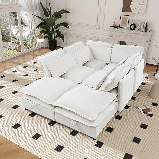 Ball & Cast 124.4" Modular Sectional Sofa,Oversized U-Shaped Couch with Storage Seat,Freely Combinable 6-Seater Set w/Double-Layer Cushion,for Living Rooms,Offices and Apartments,Beige