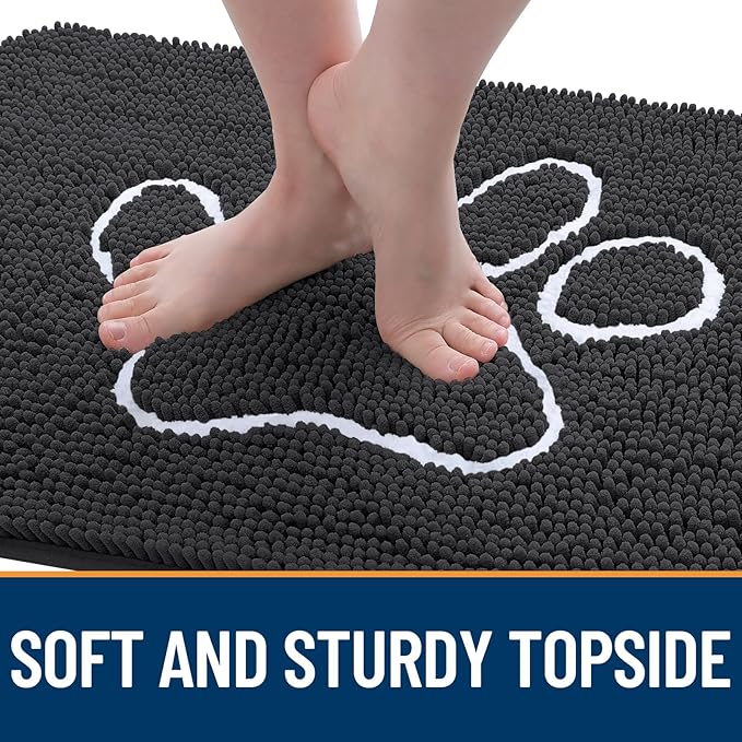 OLANLY Door Mat for Muddy Dog Paws 59x35, Ultra Absorbent Chenille Mud Doormat with Paw Print Design, Non-Slip Washable Doormat for Indoor Entryway, Quick-Dry Pet Bed Mats for Dirty Dogs, Dark Grey