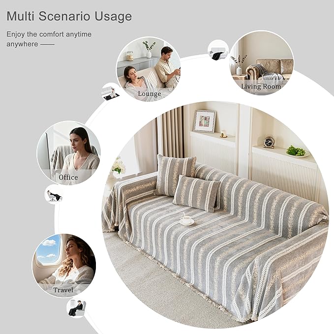 Couch Cover for Dogs Washable Sofa Cover, Sectional Couch Covers, Sofa Covers for 2 Cushion Couch, Non Slip Stripe Sofa Slipcovers Furniture Protector, Couch Protector from Cat Claws, Light,75''x150''