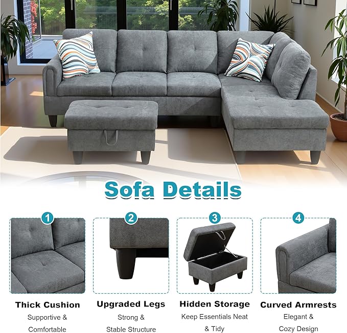 97" Oversized Sectional Couch, L Shaped Couch with Storage Ottoman, Modern Modular Sofa with Deep Seat, Sectional Couches for Living Room and Office, Dark Grey (Fluffy Fabric)