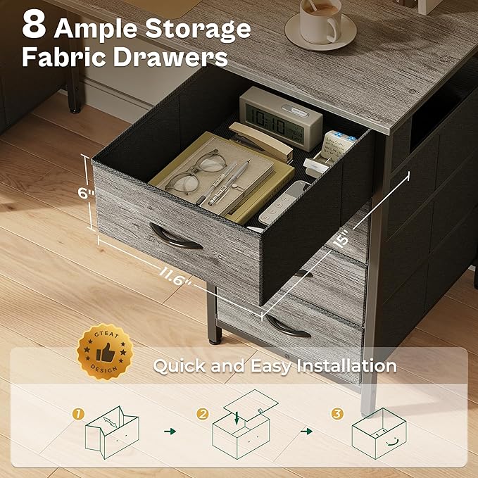 Huuger 54 Inch Computer Desk with 8 Fabric Drawers, Office Desk for Home Office, Study, Gaming Desk with Drawers, Large Storage, Grey