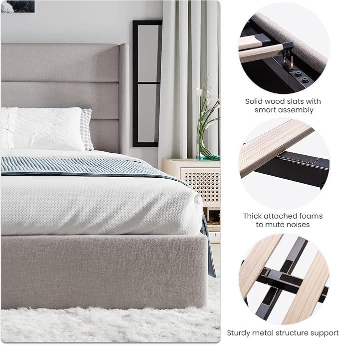 SHA CERLIN King Size Lift Up Storage Bed/Modern Wingback Headboard/Upholstered Platform Bed Frame/Hydraulic Storage/No Box Spring Needed/Wood Slats Support/Light Beige