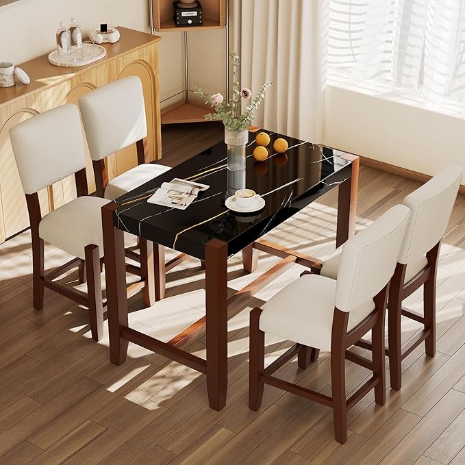 Ball & Cast 5-Piece Dining Table Set for 4,Kitchen Table Set W/Faux Marble Bar Table,Counter Height Living Room Furniture W/ 4 Upholstered Chairs,for Dining Room,Pub Kitchen,Small Place,Black+Beige