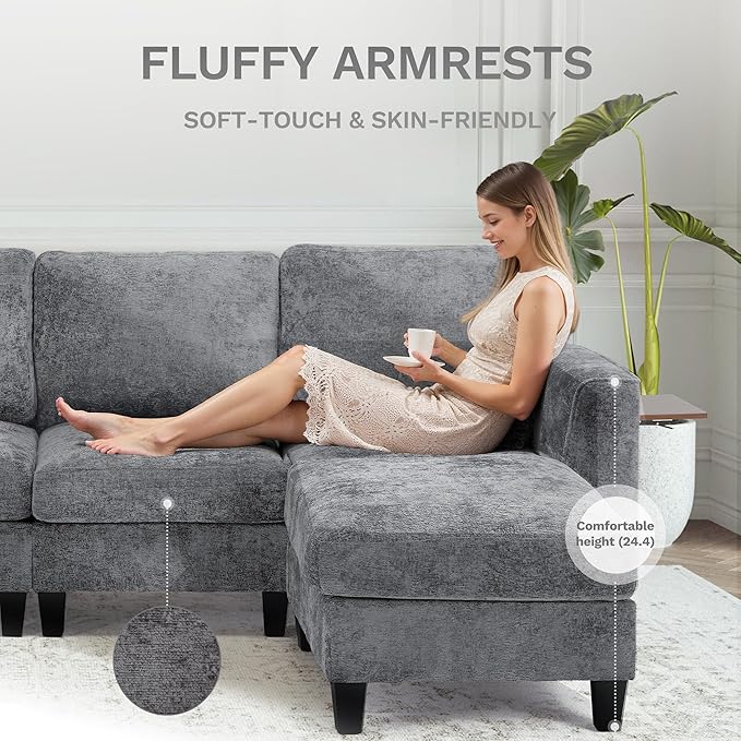 COLAMY 118" U-Shaped Sectional Couch, 4-Seat Modular Sofa with 2 Ottomans and Foldable Side Table, Grey for Living Room