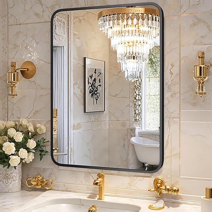22"×30" Bathroom Mirror for Wall, Modern Bathroom Vanity Mirror, Black Bathroom Mirrors for Over Sink with Metal Framed HD Tempered Glass Hangs Horizontally or Vertically