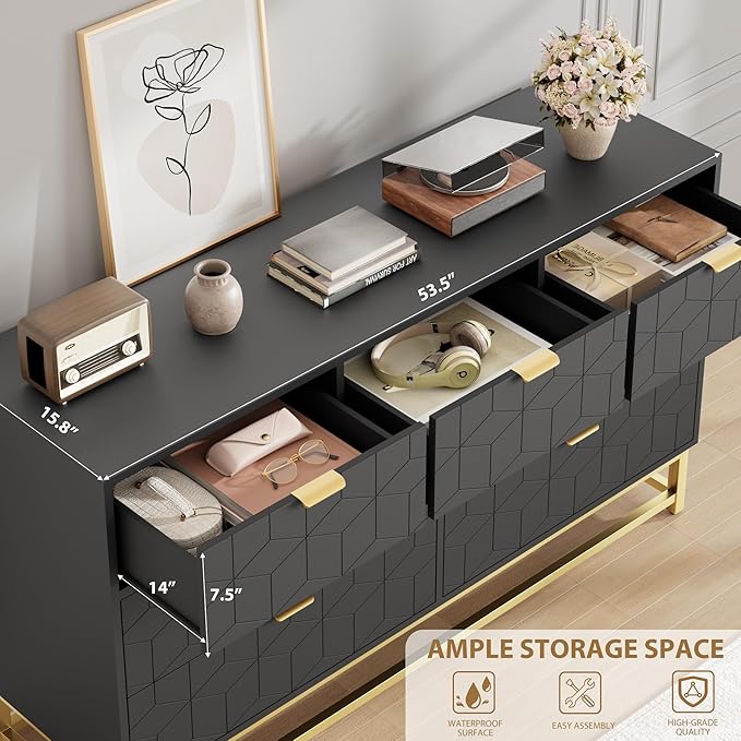 GAOMON Dresser for Bedroom, 53.5" Wide Dresser Organizer, 7 Drawer with Golden Metal Handle and Legs, Modern Chest of Drawers for Closet, Hallway, Living Room, Entryway, Black