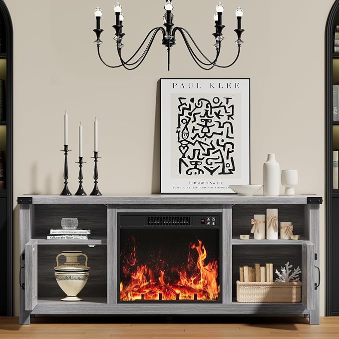 YESHOMY Fireplace TV Stand with Barn Doors and Open Display Shelf, Farmhouse Media Console with Hidden Cable Routing, Entertainment Center for Televisions up to 65+ Inch, Gray Wash