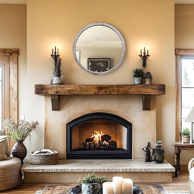 30" Round Wood Mirror, Large Round Mirror with Beveled, Wood Round Mirrors for Wall Decor, Rustic Circle Wall Mirrors for Entryway, Living Room, White Washed Frame