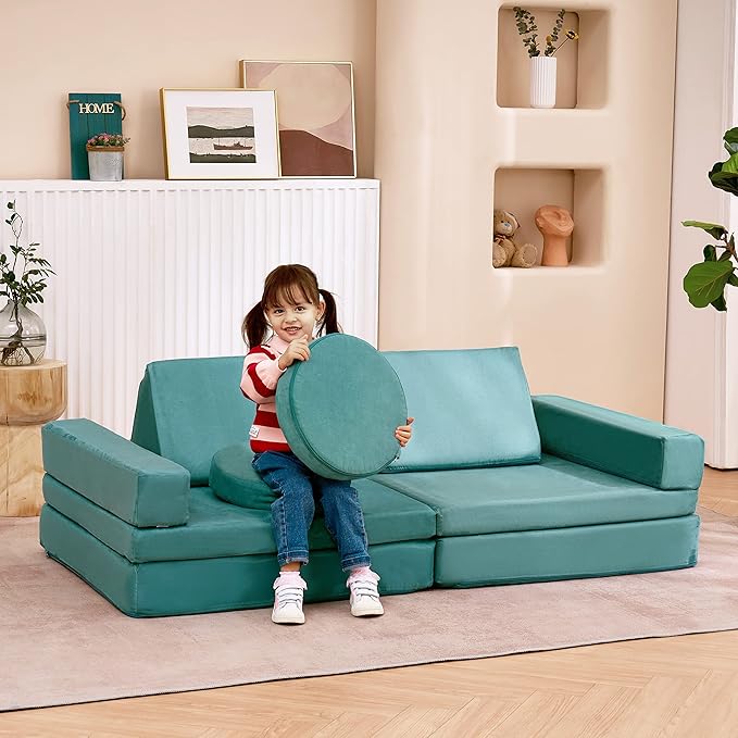 jela Kids Play Couch Extended Size 10PCS with futons, Floor Sofa Modular Play Couch Furniture for Kids and Adults, Modular Play Sofa Castle (Light Blue)