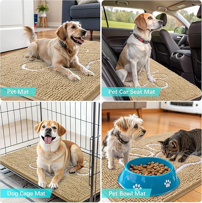 OLANLY Door Mat for Muddy Dog Paws 36x24, Ultra Absorbent Chenille Mud Doormat with Paw Print Design, Non-Slip Washable Doormat for Indoor Entryway, Quick-Dry Pet Bed Mats for Dirty Dogs, Beige