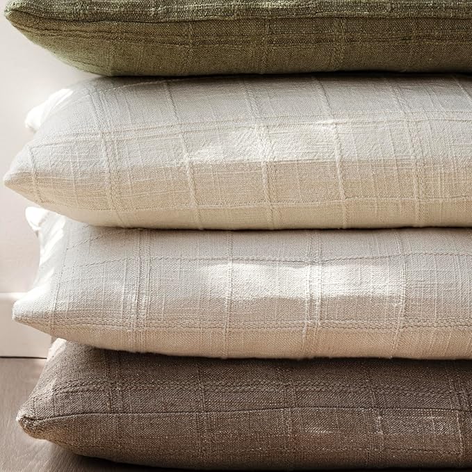 Foindtower Set of 2 Decorative Linen Check Throw Pillow Covers Neutral Farmhouse Vintage Cushion Covers Modern Boho Home Decor for Sofa Chair Couch Bedroom Living Room Outdoor,18×18 Inch,Taupe Grey