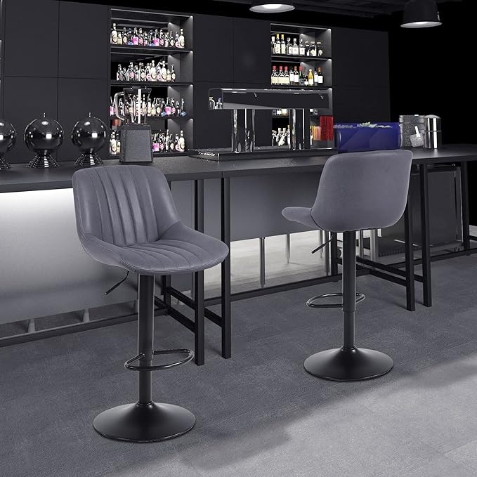 Bar Stools Set of 2, Swivel Counter Height Barstools with Back, Adjustable PU Leather Bar Chairs, Modern Armless Kitchen Island Stool, Dark Grey