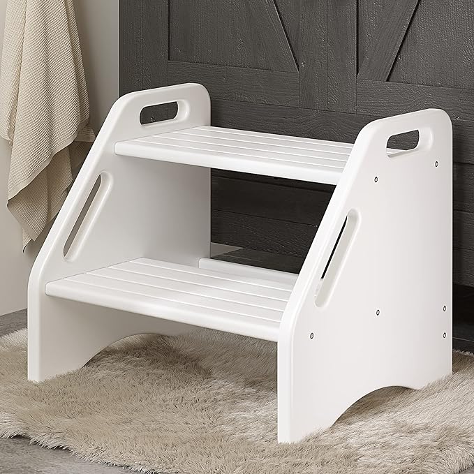 AMBIRD Wooden Two Step Stools Toddler with Safety Non-Slip Pads and Handles, Bamboo Step Stool for Bathroom, Bedroom, Kitchen Dual Height Step Stools for Kids (White)