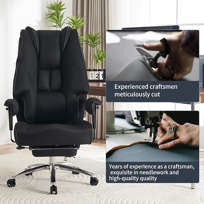 Big and Tall Office Chair 400lbs Wide Seat, Leather High Back Executive Office Chair with Foot Rest, Ergonomic Chairs Lumbar Support for Lower Back Pain Relief (Mesh Black)