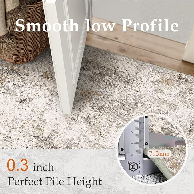 8x10 Washable Area Rug Brown Grey Neutral Abstract Living Room Bedroom Large Throw Rug Non Slip Soft Low Pile Indoor Floor Carpet for Dining Room Kitchen Office Entryway