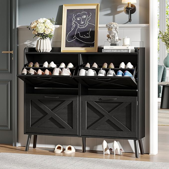 Maupvit Large Shoe Storage Cabinet with 4 Flip Drawers, Narrow Shoe Cabinet for Entryway with Wooden Legs, Freestanding Hidden Shoe Rack Organizer ＆ Metal Hinges, Black