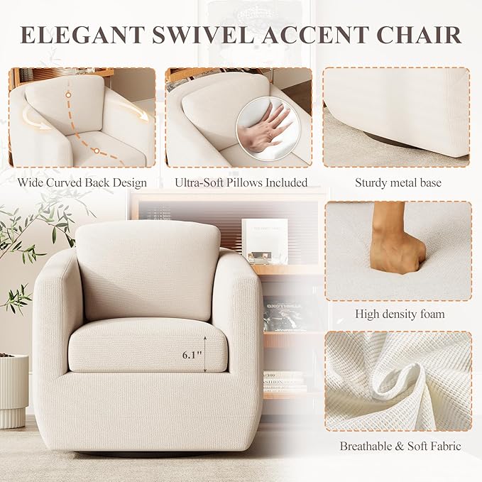 COLAMY 360° Swivel Accent Chair with Pillow - Comfy Living Room Armchair No-Sag Foam & Sturdy Metal Base, Fully Assembled Swivel Accent Single Sofa for Bedroom Living Room, Office, Beige