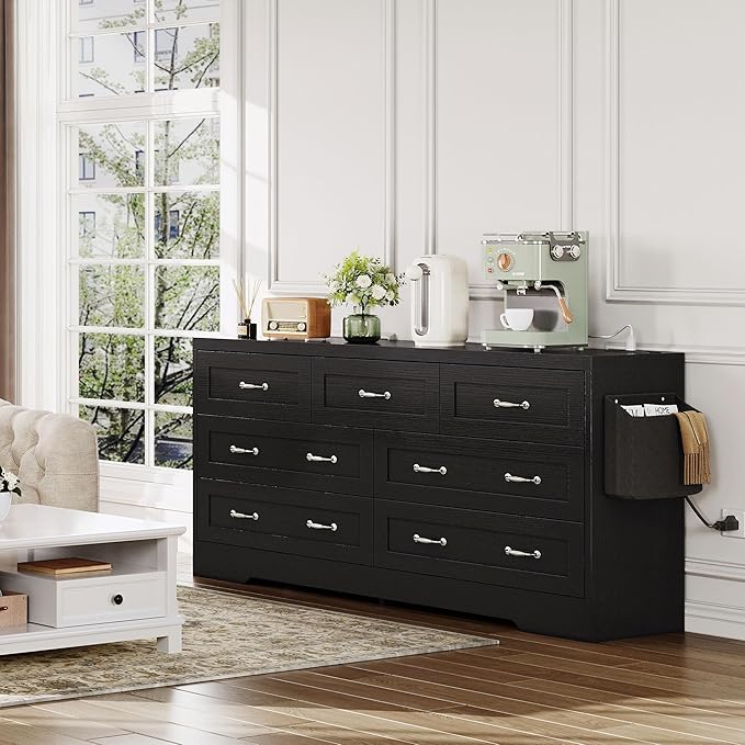 YITAHOME Drawers TV Stand for 65 inches with Power Outlets -Chest of Drawers Dresser with Side Organizer Bag Entertainment Center TV Console, Black