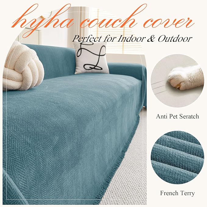 hyha Couch Cover for Dogs, Boho Sofa Covers for 3 Cushion Couch Washable, Chenille Sofa Slipcover for Pets, Soft Loveseat Sectional Couch Throw Blankets with Tassels (Blue, 71x118 Inch)