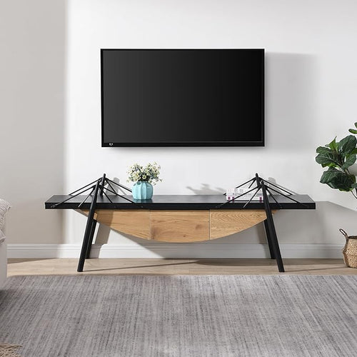 1 Tier Modern Boat-Shaped Bookshelf with Drawer, Black & Natural, 70.9" Long Horizontal Low Shelf for Storage Display Decoration, Sturdy MDF & Metal Industrial Frame, for Bedroom, Office