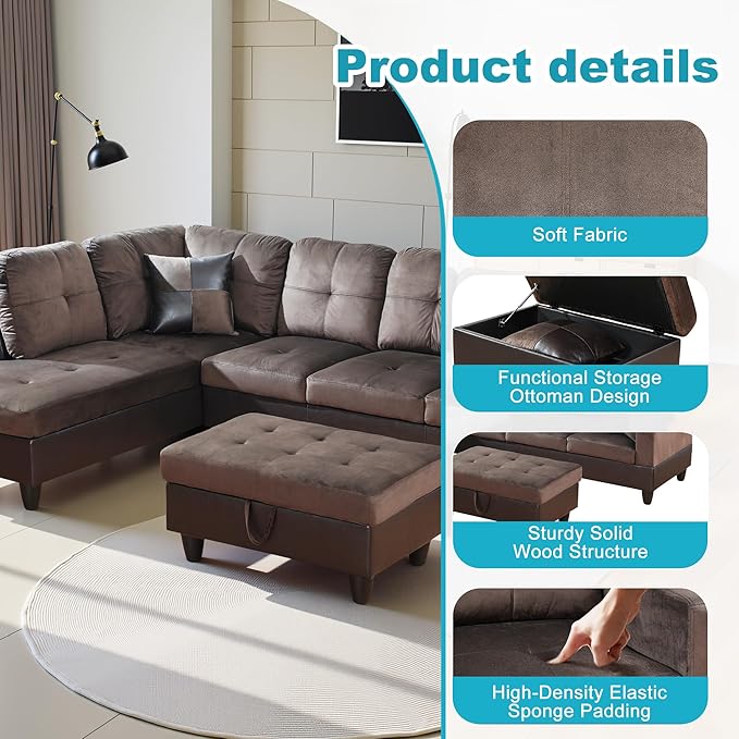 L Shaped Couch Upholstered Flannel Fabric 3 Pieces Sofas for Living Room with Chaise, Storage Ottoman for Office and Small Apartment, Dark Brown