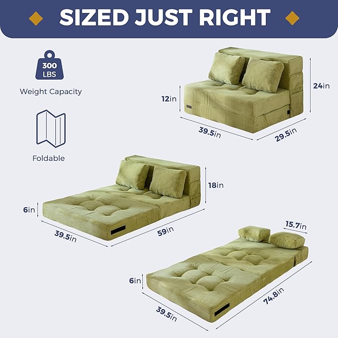 MAXYOYO Convertible Sofa Bed, Fold Out Loveseat Sleeper Sofa with Pillow, 4 in 1 Tufted Folding Couch Bed Foam Floor Couch, Lazy Chair for Living Room Bedroom Guest Room, Green