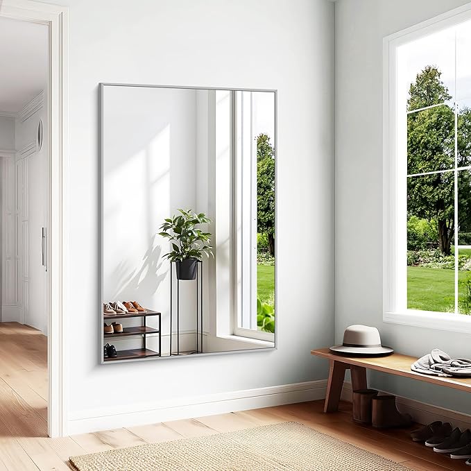 KOCUUY Large Silver Bathroom Mirror, 60x40 inch Rectangular Mirror for Bathroom Sink, Oversized Mirror with Metal Brushed Nickel Frame for Living Room, Farmhouse, Entryway, Hang Horizontal/Vertical