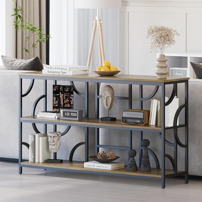 55'' Industrial Sofa Table, 3-Tier Storage Console Table with Unique Geometric Design, Behind Couch Accent Table for Entryway, Living Room, Foyer, Hallway, Office - Rustic Brown