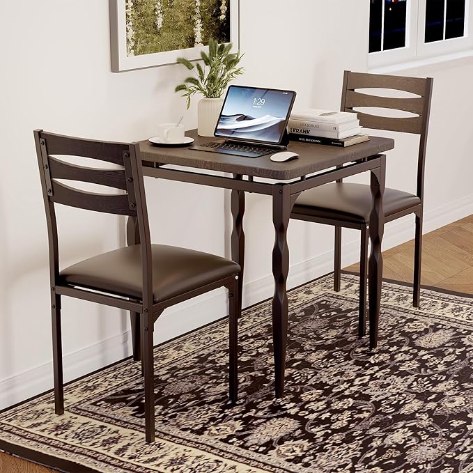 GarveeHome Dining Table Set for 2, Dining Table and Chairs Set of 2, 3 Piece Dining Table Set with Spiral Table Legs for Small Spaces, Kitchen, Apartment, Black