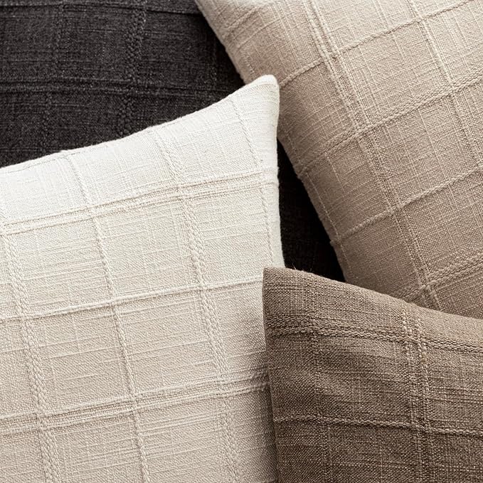 Foindtower Set of 2 Decorative Linen Check Throw Pillow Covers Neutral Farmhouse Vintage Cushion Covers Modern Boho Home Decor For Sofa Chair Couch Bedroom Living Room Outdoor,20×20 Inch,Natural Beige