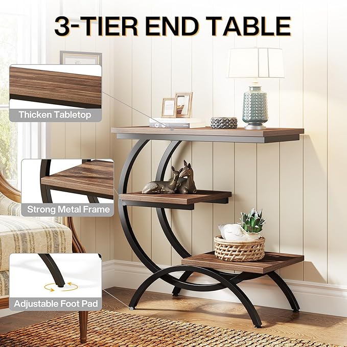 Tribesigns C-Shaped End Table, Industrial 3-Tier Small Side Table for Couch, Wood Bedside Table Snack Side Table with Storage Shelves for Living Room Small Space, Rustic Brown
