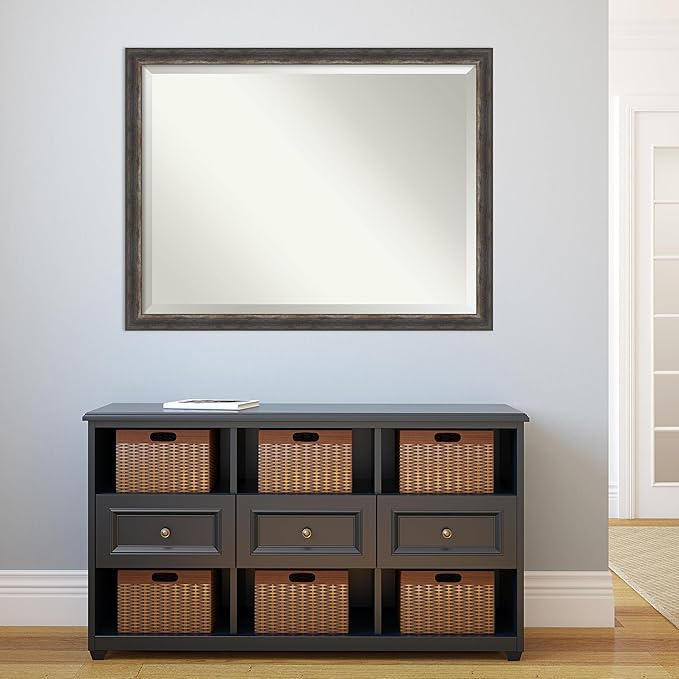 Amanti Art Brown Wall Mirror 34x44 Bark Rustic Char Narrow Rectangle Bathroom Mirror for Wall Decor Living Room, X-Large Rustic Farmhouse Frame, Hangs Horizonally and Vertically, Bathroom Decor