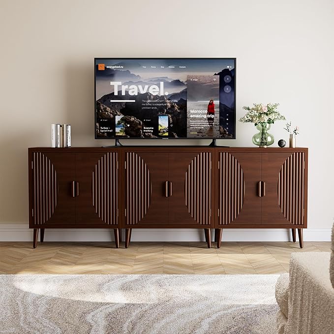 COSIEST Set of 3 30" Storage Sideboards with Doors, Accent Cabinets with Magnetic Push-to-Open Doors, Brown Line Pattern, Entryway Console for Living Room, Kitchen, Hallway
