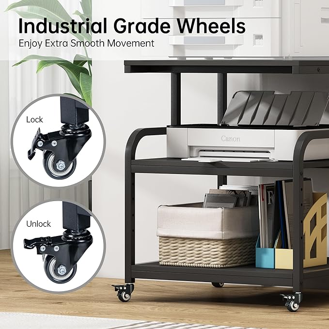25.6" x 23.6" Extra Large Printer Stand Table with Adjustable Storage Shelf, 3 Tier Rolling Printer Cart with Industrial Wheels for Home Office, Black