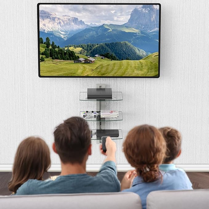 WALI Floating Entertainment Center Shelves, Holds Up to 17.6lbs, TV Shelf with Strengthened Tempered Glasses for DVD Players, Cable Boxes, Games Consoles, TV Accessories (CS303S), 3 Shelf, Silver