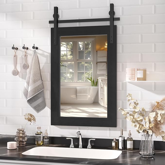 Hasipu Farmhouse Bathroom Mirror, 18"x26" Rustic Wood Framed Wall Mounted Mirror, Black Vintage Vanity Mirror Barn Door Style Decrative Mirrors