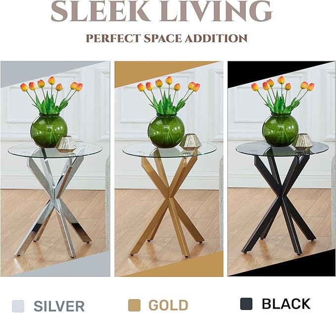 Modern Glass End Table, Small Round Side Table for Couch, Sofa Table with Clear Tempered Glass Top for Living Room, Bedroom, Bedside, 19.7" Wx21.7 H Gold