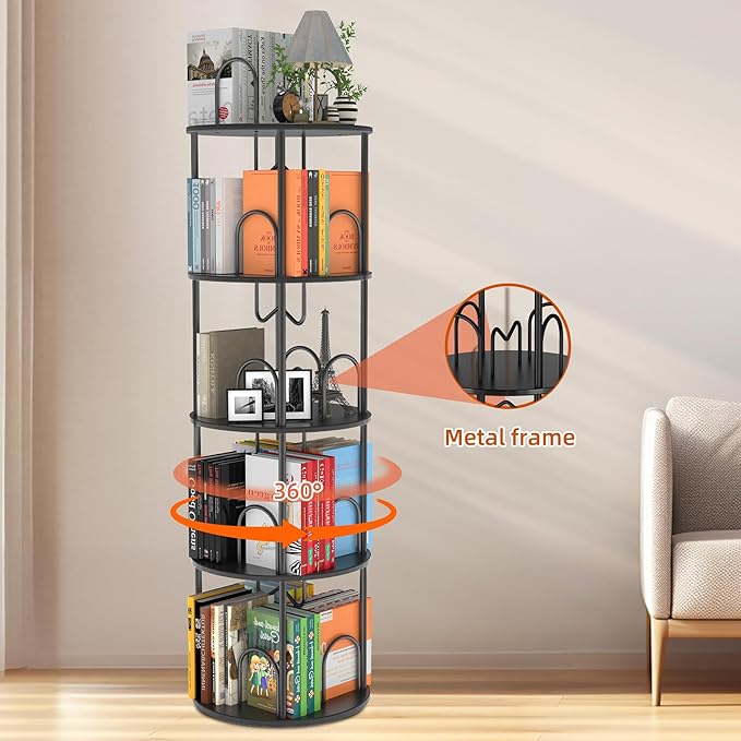 4 Tier Rotating Bookshelf, 360° Spinning Bookshelf Tower, Round Narrow Space Saving for Books and Display, Revolving Bookcase Corner Tall Book Shelf for Small Spaces, Bedroom, Living Room, Black