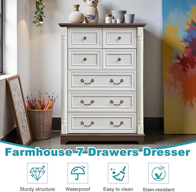 31.5" Farmhouse Sideboard Buffet Cabinet with Storage, Kitchen Buffet Storage Cabinet with 7 Drawers, Modern Wood Accent Sideboard for Living Room, Kitchen, Hallway(Antique White)
