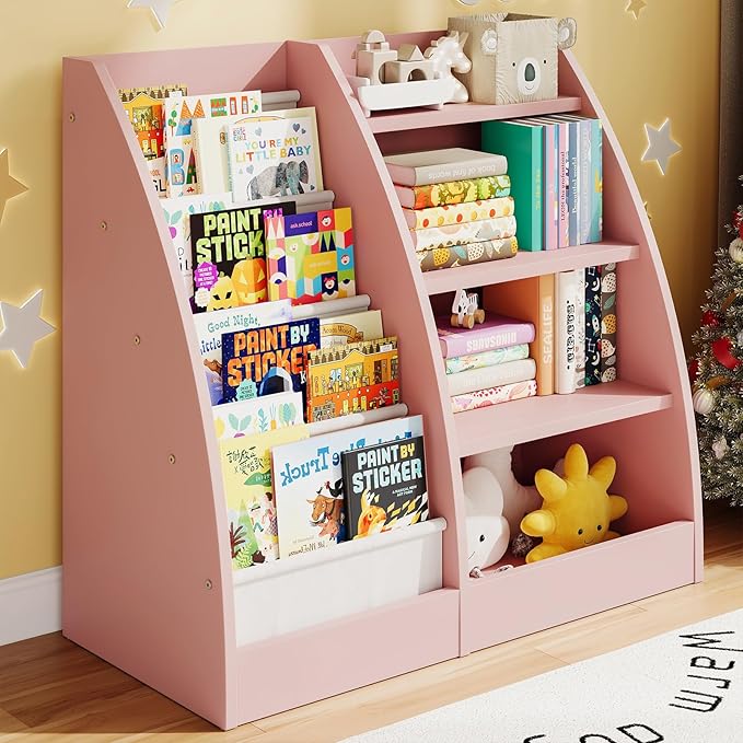 4 Tier Kids Bookshelf,4 Layer Sling Kids Book Shelf for Kids Rooms,Wood Children Bookcase,Baby Storage Book Rack,Toddler Bookshelf, Book and Toy Organizer,Book Display Shelf for Bedroom, Nursery